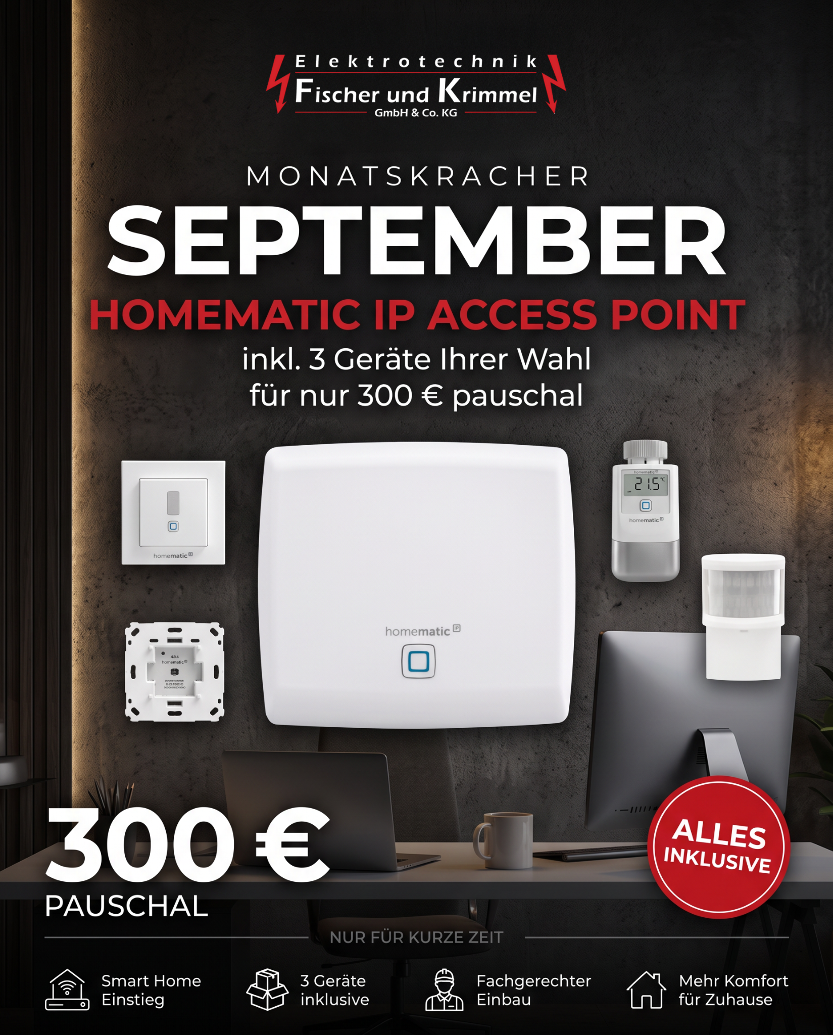 Monatskracher September: Homematic IP Access Point inklusive 3 Geräten Ihrer Wahl für 300 Euro pauschal